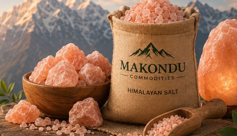 A bowl of pink Himalayan rock salt, a Makondu branded jute sack, and a glowing salt lamp set against the Himalayas.