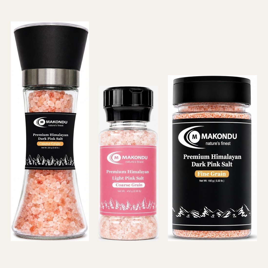 Makondu Himalayan salt grinders and shaker — plastic grinder, glass grinder, and fine-salt shaker