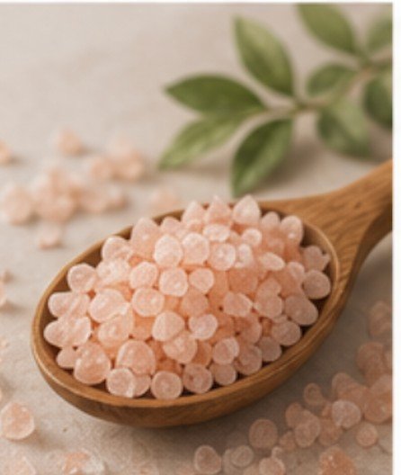 A wooden spoon heaped with fine pink Himalayan salt beside a sprig of green leaves.