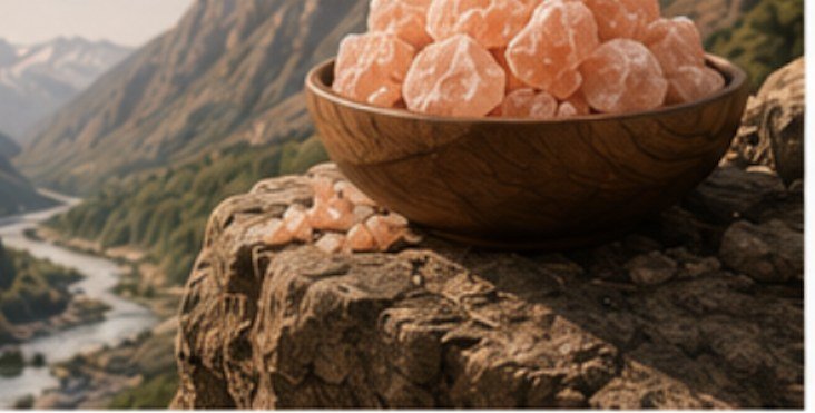 A wooden bowl of pink Himalayan rock salt on a stone ledge above a green Himalayan valley and river.