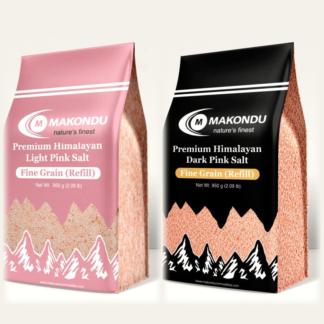 Makondu light and dark pink Himalayan salt refill pouches for private-label supply