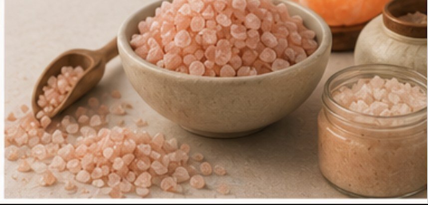 A bowl of pink Himalayan salt with a wooden scoop, bath-salt jars and a glowing salt lamp.