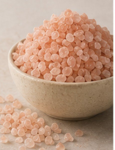 A ceramic bowl mounded with fine pink Himalayan salt, with grains scattered beside it.